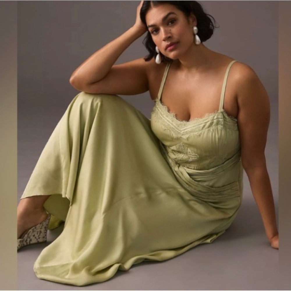 Anthropologie Green Silky Midi Dress